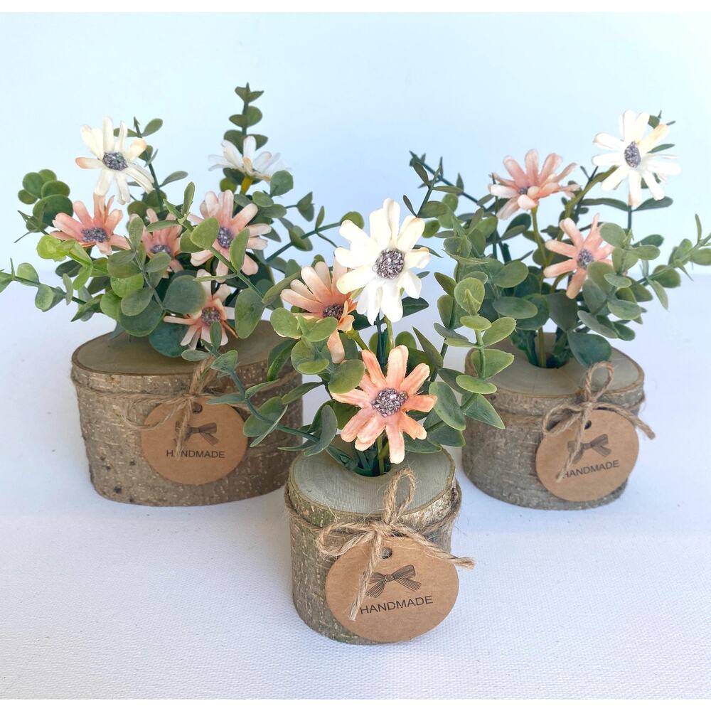 Set of 3 - Faux Flower Arrangement in Handmade Wood Pot - Daisy and Eucalyptus